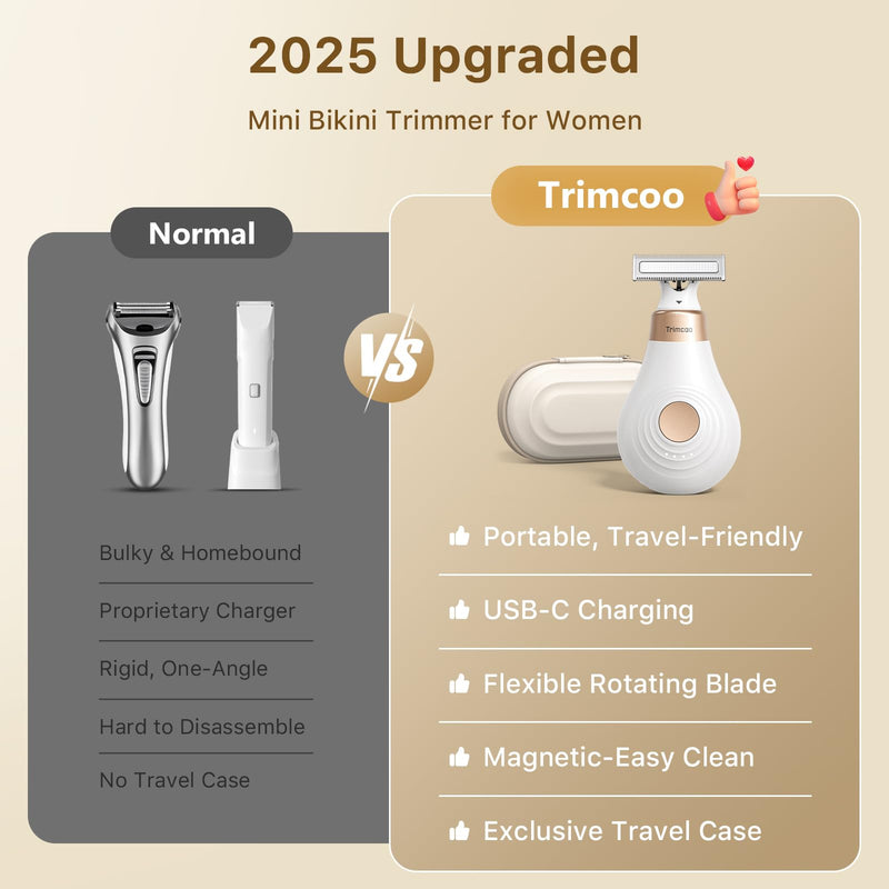 Trimcoo 2026 NEW Bikini Trimmer for Women - Small But Powerful Electric Razors, Intimate Pubic Hair/Lady Facial Painless Removal, USB-C Cordless Body Shaver for Trip, Replaceable Wet/Dry Blade, White